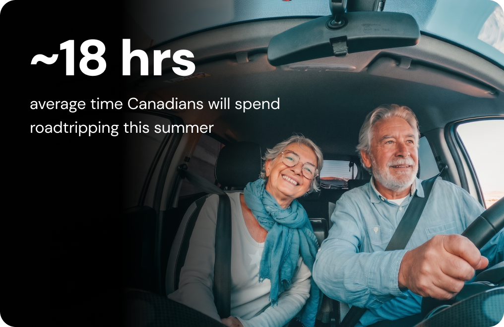 An older man and woman smile in the front seats of their car.
