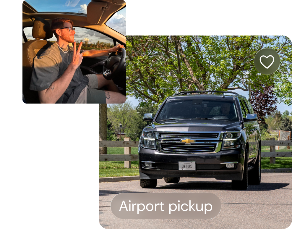 A black SUV drives down a tree-lined street. Text reads, “Airport pickup".