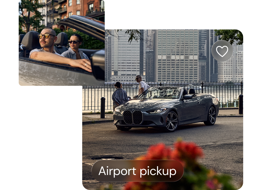 A man and woman lean on their convertible as they look across a New York harbour. Text reads, "Airport pickup".