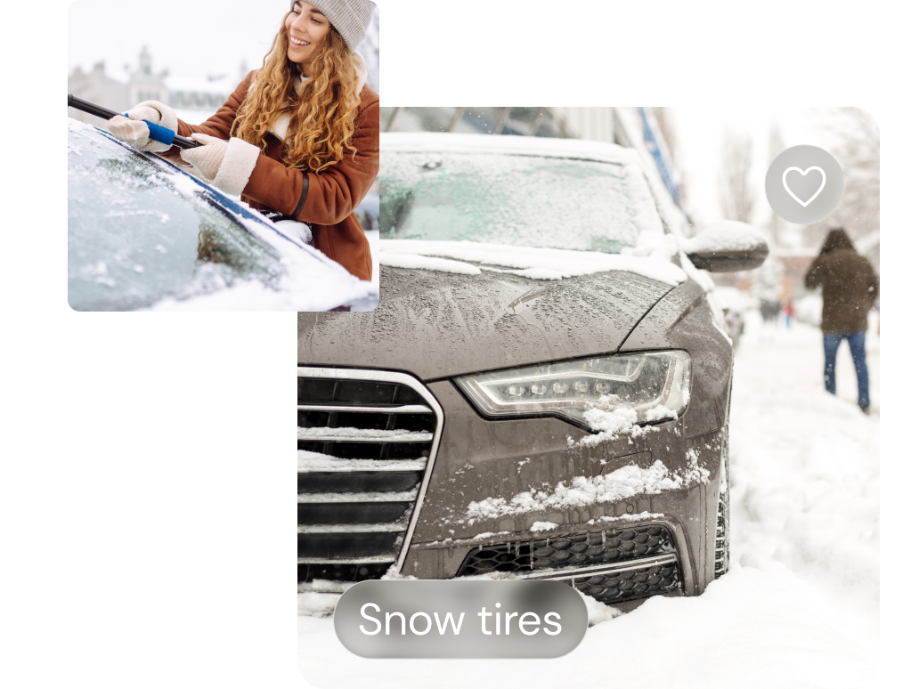 Three people walk past a gray sedan parked on a snowy street. Text reads, “Snow tires”.