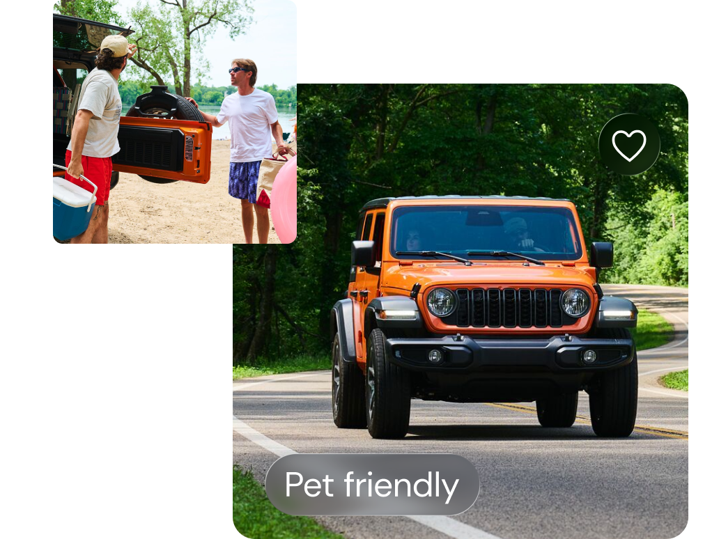 An orange Jeep drives down a road. Text reads, "Pet friendly".