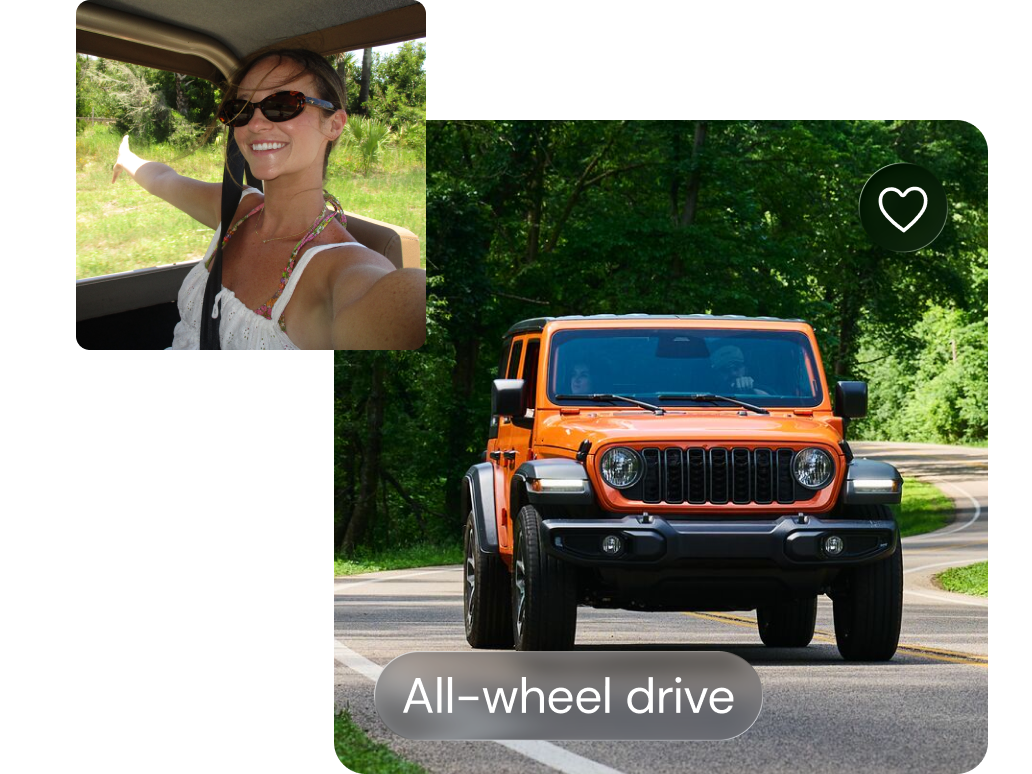An orange Jeep drives down a road. Text reads, "All-wheel drive".