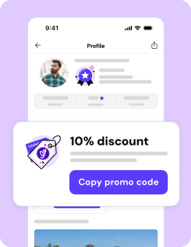 A mobile app interface showing a host profile page with a prominent "10% discount" card and a "Copy promo code" button.