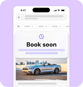 A mobile app interface displaying a "Book soon" prompt with a clock icon hovering above a car listing, encouraging guests to book early.