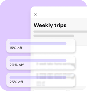 A mobile app interface showing a "Weekly trips" settings screen with tiered discount options of 15% off, 20% off, and 25% off.
