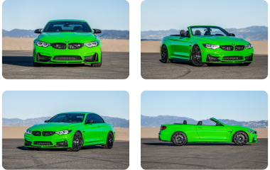 neon green BMW at four different angles lined up in a 2 by 2 grid
