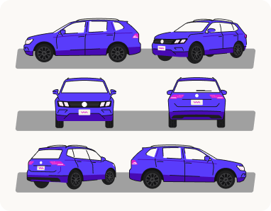Illustration of a car at six different angles