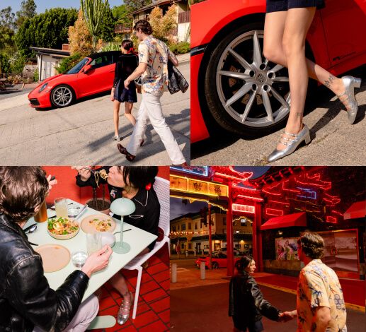 Grid of images of a man and woman and a red Porsche 911