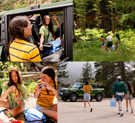 Grid of images of people and a green Ford Bronco