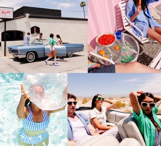 Grid of images of people and a blue vintage Cadillac DeVille
