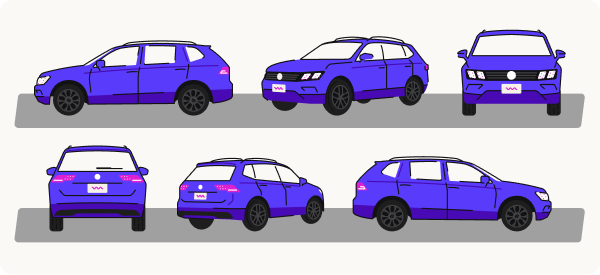 Illustration of a car at six different angles