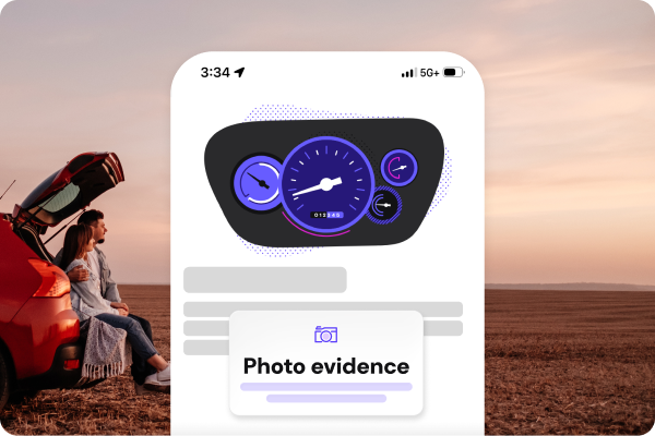 A smartphone screen showing digital odometer gauges and a "Photo evidence" upload card for submitting mileage incidentals