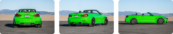 neon green BMW at three different angles lined up in a row