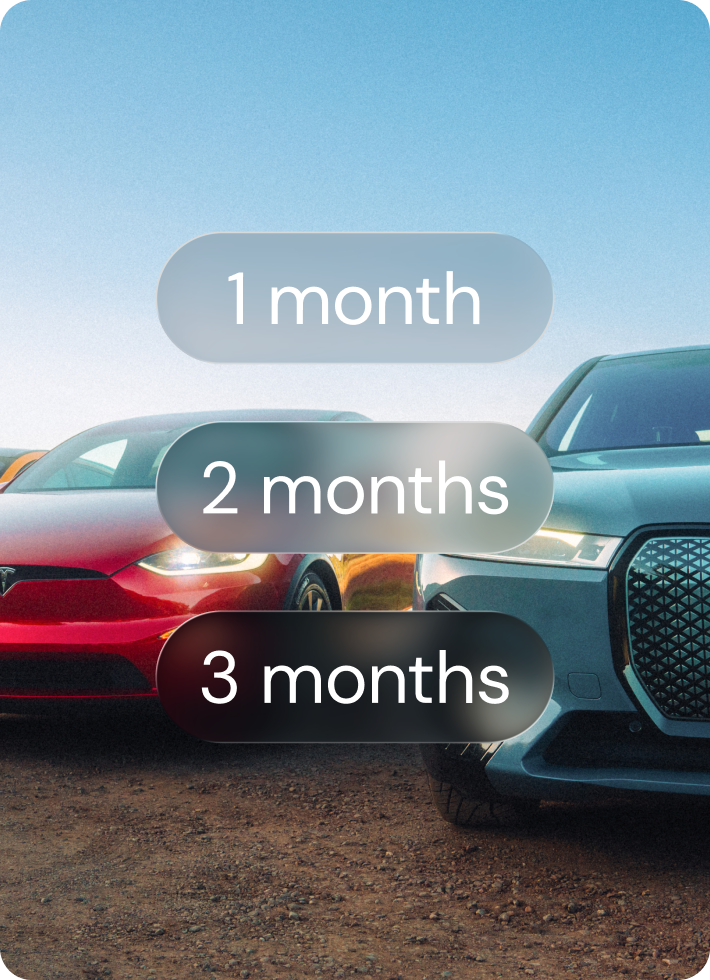 Two parked cars with labels showing 1, 2, and 3 month rental options.