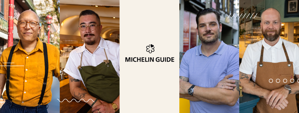 4 michelin-starred chefs in collage with MICHELIN GUIDE logo