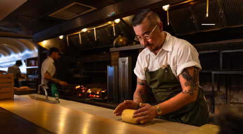 Chef Steven Molnar of Quetzal working in the kitchen