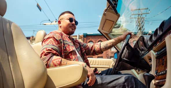Chef Steven Molnar of Quetzal driving a mercedes