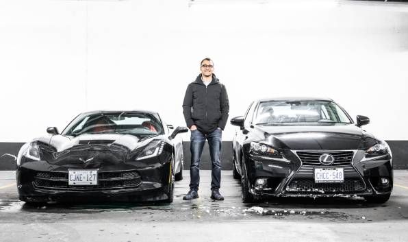 Turo car sharing entrepreneur standing in front of his Corvette and Lexus