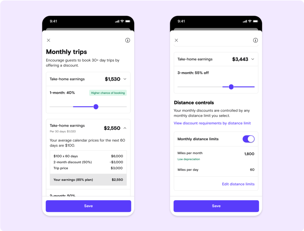 Monthly trip earnings calculator UI screens
