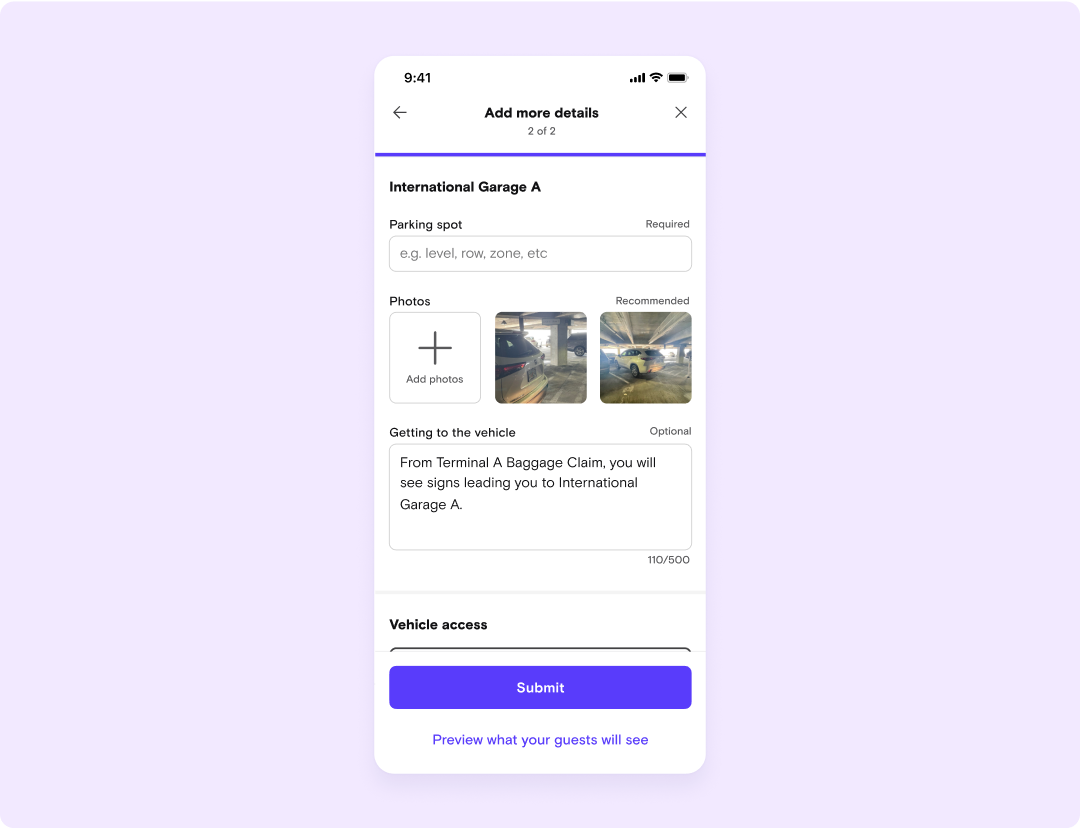 Parking details UI screens