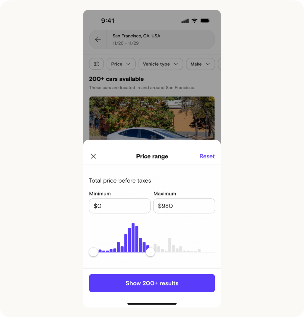 Updated price filter UI mockup