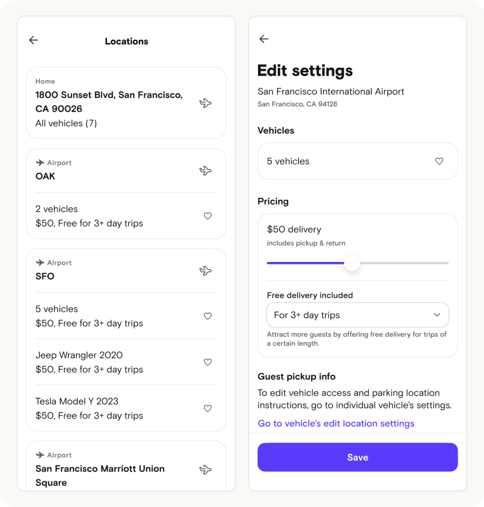 Delivery settings locations UI screens