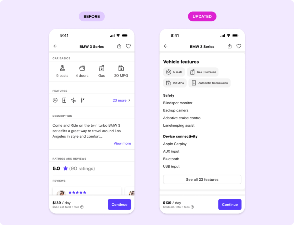 Vehicle features UI