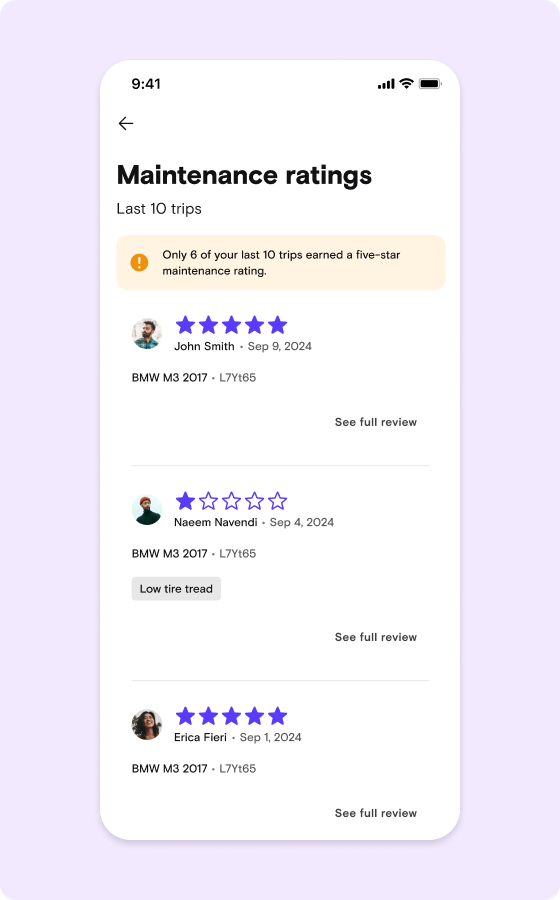 Maintenance ratings detail UI screen