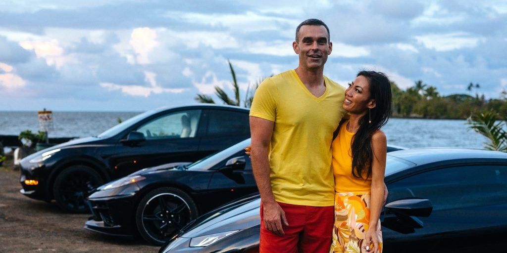 Amy and Jeremy with their Tesla in Honolulu