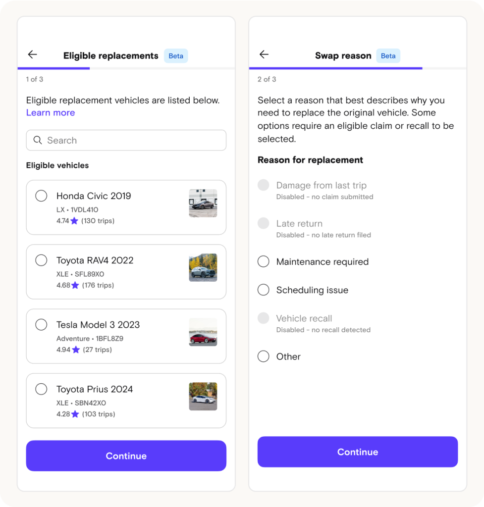 Vehicle swap UI screens