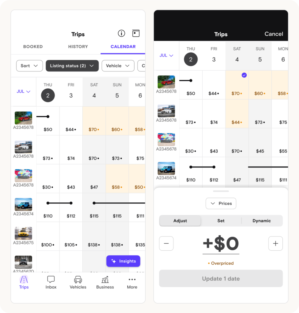 High price alert calendar UI