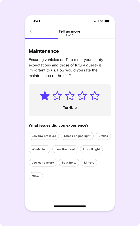 Maintenance rating UI screen