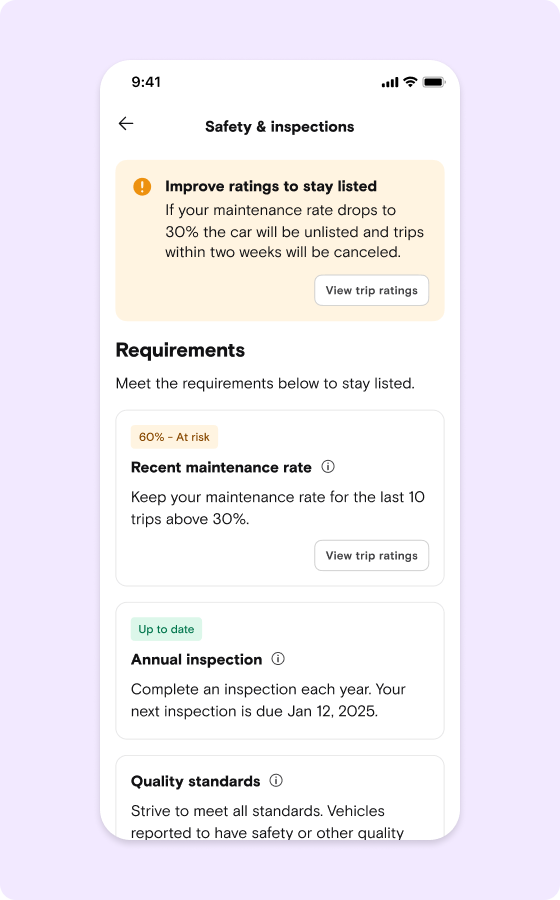 Safety and inspections tab UI screen