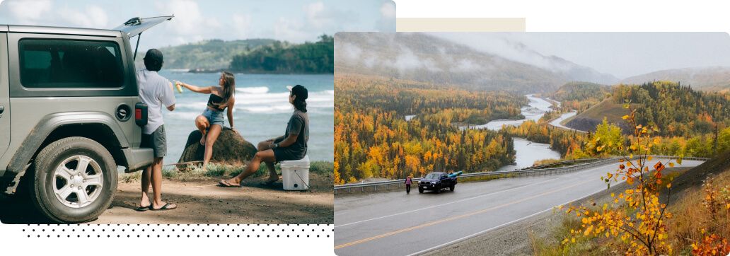 two photos of people and cars on trips 