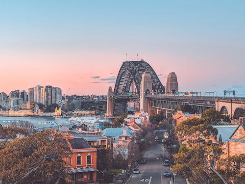 A photo taken in Sydney of the Sydney Harbour Bridge, with the road below. A popular Sydney van rental pickup location.