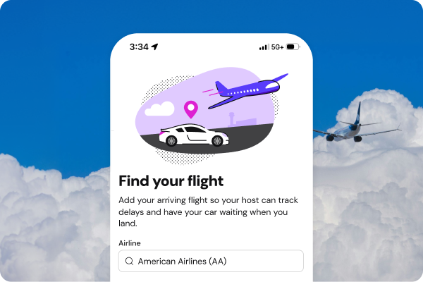 A mobile app interface displaying a "Find your flight" prompt and an airline search bar, illustrating where guests enter their arriving flight details.