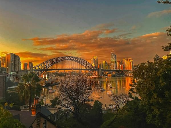 A photo of the Sydney Harbour Bridge at sunset, taken from North Sydney.