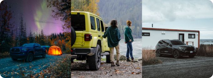 three photos of people and cars on trips 